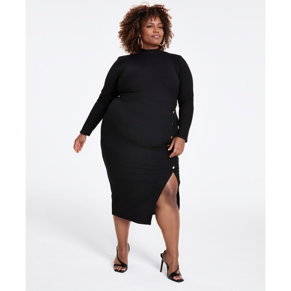 Nina Parker Dress Womens Plus 2X Black Ribbed Knit Side Split Long Sleeve Mock